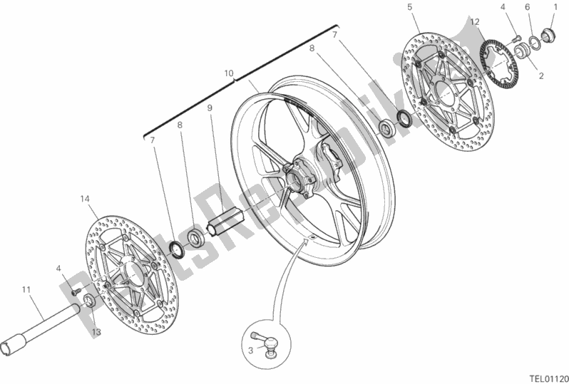 All parts for the Front Wheel of the Ducati Multistrada 1260 S Pikes Peak Thailand 2020